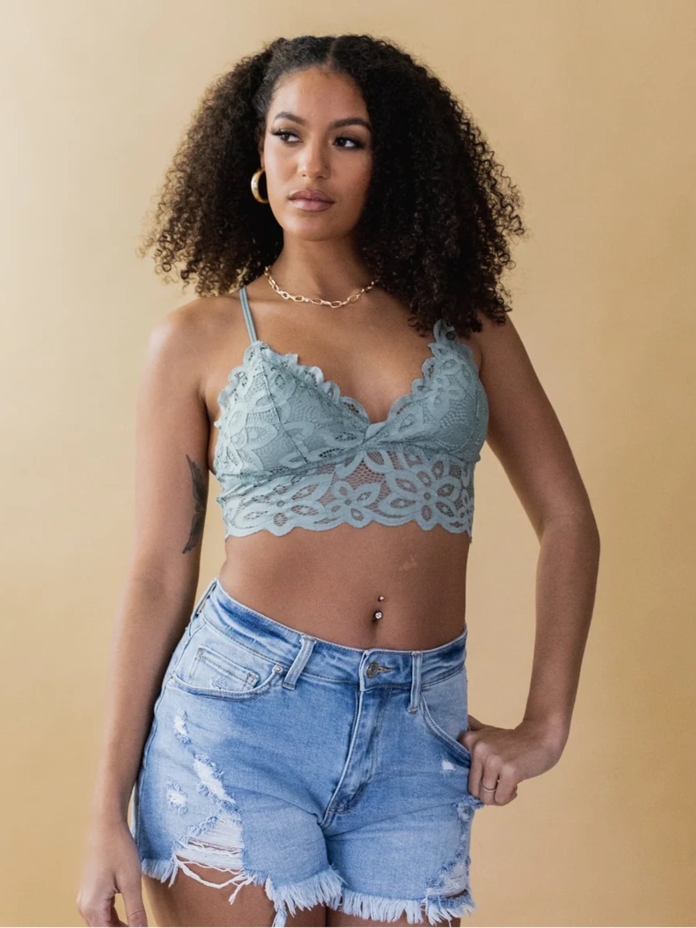Lace Bralette Crop Top - Sage Green